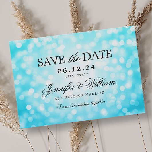 Save The Date Élégant Mariage de script Turquoise Bokeh Lumières
