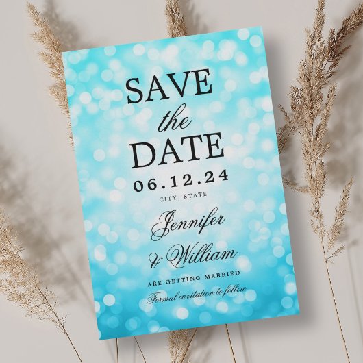 Save The Date Élégant Mariage de script Turquoise Bokeh Lumières