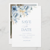 Save The Date Élégant Mariage de trame géométrique Floral bleu (Devant / Derrière)