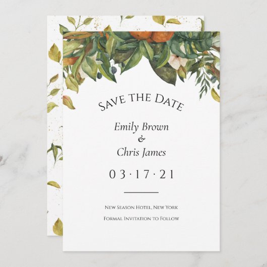 Save The Date Élégant Mariage de verdure des agrumes botaniques (Devant / Derrière)