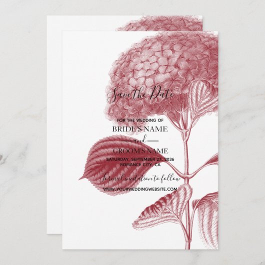 Save The Date Élégant Mariage d'Hydrangée bordeaux (Devant / Derrière)