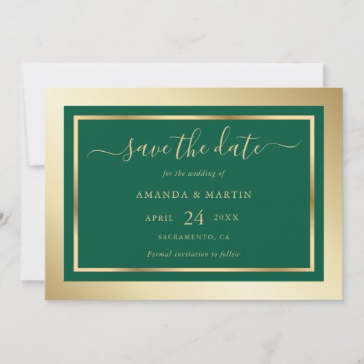 Save The Date Élégant Mariage Emerald personnalisé vert et or (Devant)
