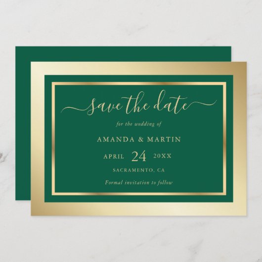 Save The Date Élégant Mariage Emerald personnalisé vert et or (Devant / Derrière)