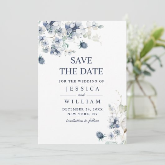 Save The Date Elégant mariage en feuillage bleu Dusty Enregistre (Debout devant)