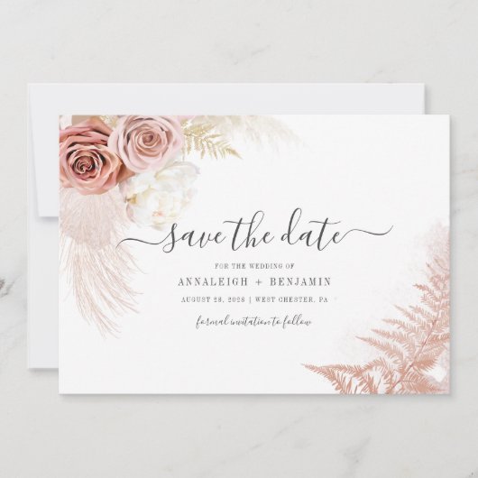 Save The Date Élégant Mariage en terracotta en laiton Pampas (Devant)