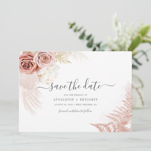 Save The Date Élégant Mariage en terracotta en laiton Pampas (Debout devant)