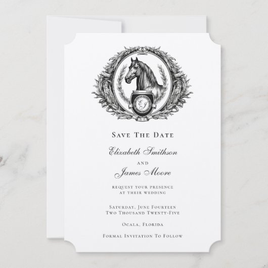 Save The Date Élégant Mariage Equestre Formel Monogram Crest (Devant)