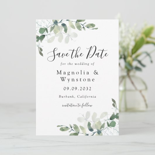 Save The Date Elégant Mariage Eucalyptus aquarelle (Debout devant)