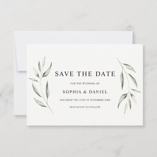 Save The Date Élégant mariage feuille verte aquarelle (Devant)