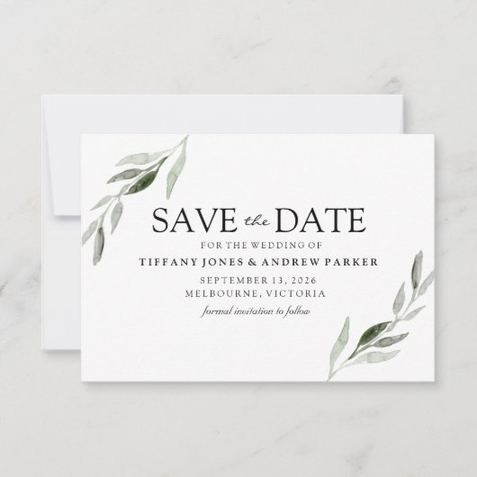 Save The Date Élégant Mariage Feuille Verte Enregistrer La Date (Devant)