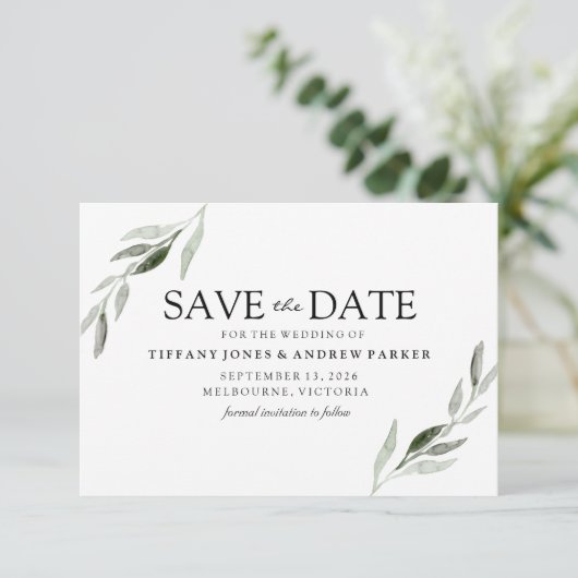 Save The Date Élégant Mariage Feuille Verte Enregistrer La Date (Debout devant)