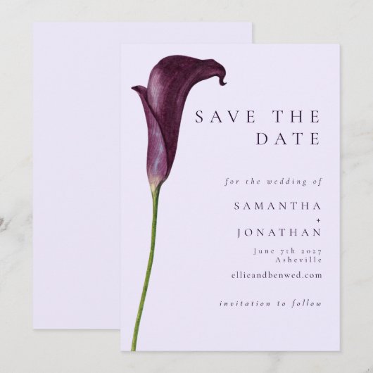 Save The Date Élégant mariage fleur de lys calla pourpre (Devant / Derrière)