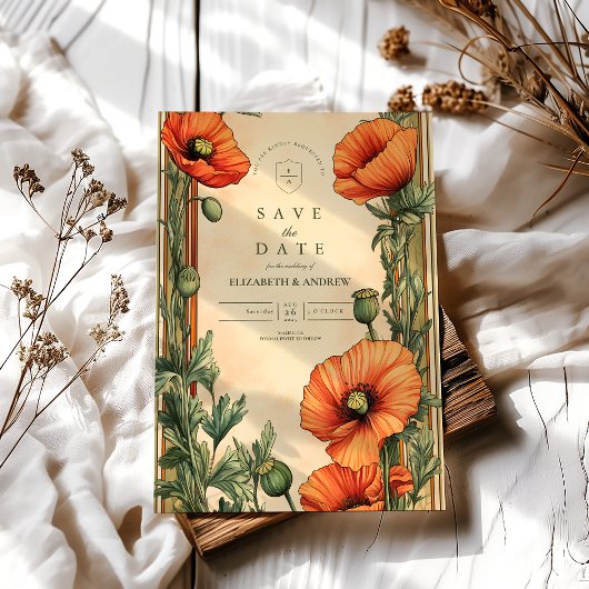 Save The Date Élégant Mariage floral Art Nouveau Poppy