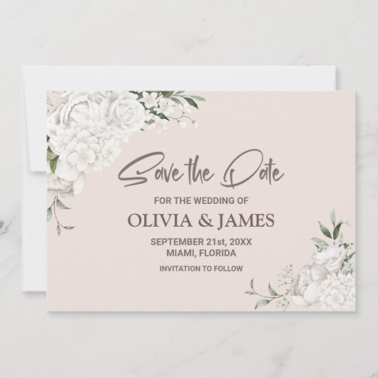 Save The Date Élégant Mariage floral blanc (Devant)