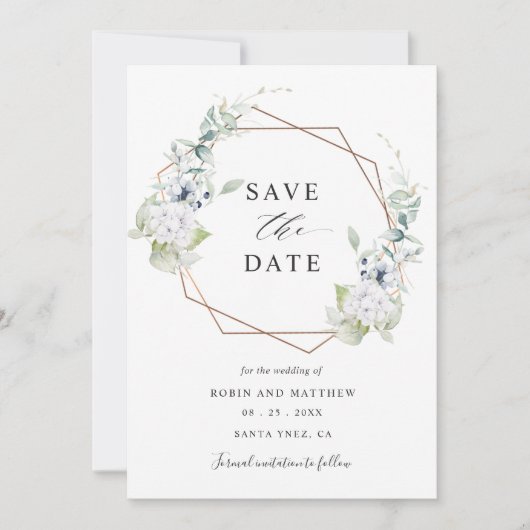 Save The Date Élégant Mariage floral blanc et bleu (Devant)