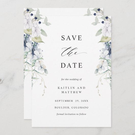 Save The Date Élégant Mariage floral blanc et bleu (Devant / Derrière)