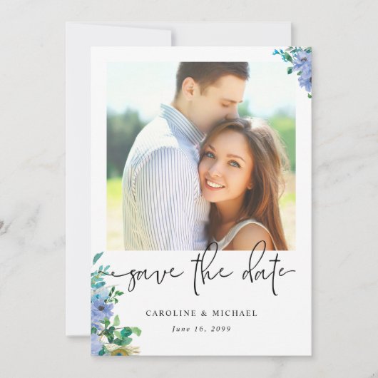 Save The Date Élégant Mariage Floral Bleu (Devant)