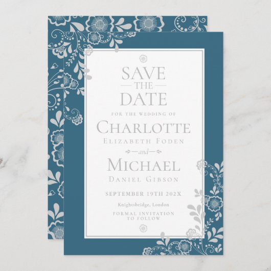 Save The Date Elégant mariage floral bleu argent Enregistrer la  (Devant / Derrière)