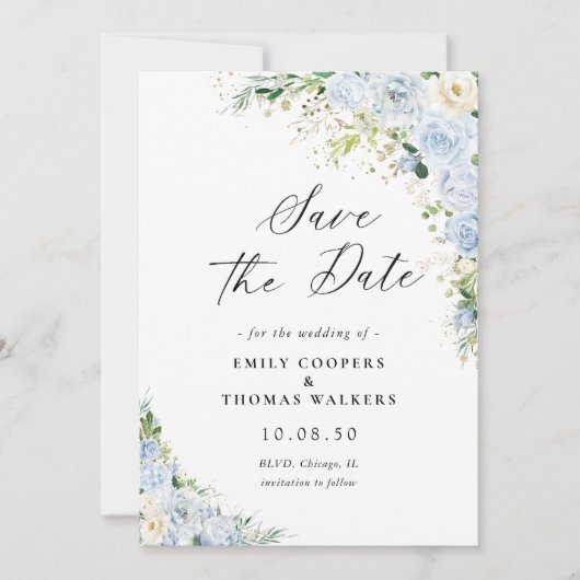 Save The Date Elégant Mariage Floral Bleu Dusty Enregistrer La D (Devant)