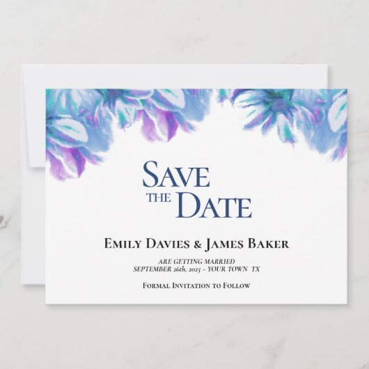 Save The Date Elégant mariage floral bleu Enregistrer la date (Devant)