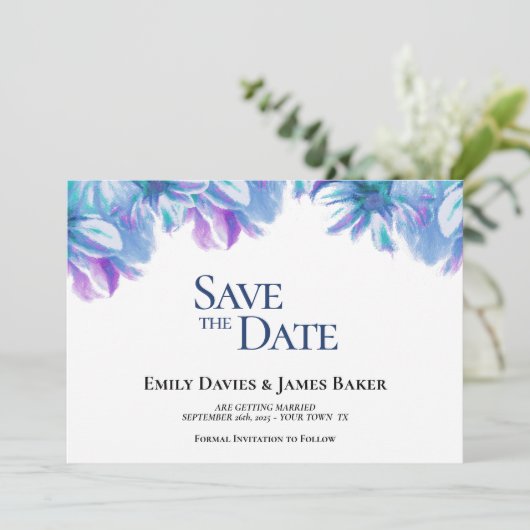 Save The Date Elégant mariage floral bleu Enregistrer la date (Debout devant)