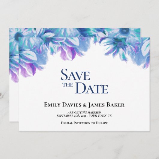Save The Date Elégant mariage floral bleu Enregistrer la date (Devant / Derrière)