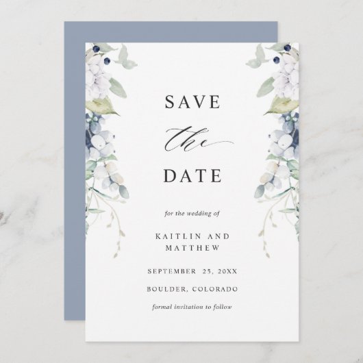 Save The Date Elégant Mariage floral bleu et blanc Dusty (Devant / Derrière)