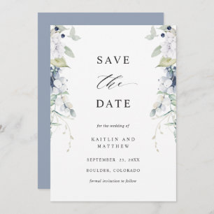 Save The Date Elégant Mariage floral bleu et blanc Dusty