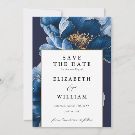 Save The Date Elégant Mariage Floral Bleu Et Or Marine (Devant)