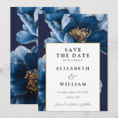 Save The Date Elégant Mariage Floral Bleu Et Or Marine (Devant / Derrière)