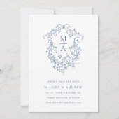 Save The Date Élégant Mariage Floral Bleu Français Photo (Dos)