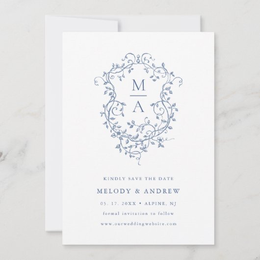 Save The Date Élégant Mariage Floral Bleu Français Photo (Dos)