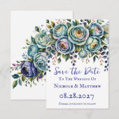 Save The Date Élégant Mariage Floral bleu turquoise (Devant / Derrière)