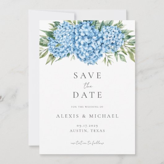 Save The Date Élégant Mariage floral Blue Hydrangea (Devant)