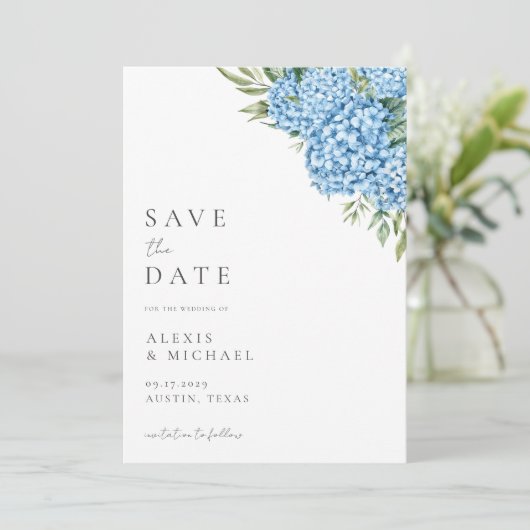 Save The Date Élégant Mariage floral Blue Hydrangea (Debout devant)