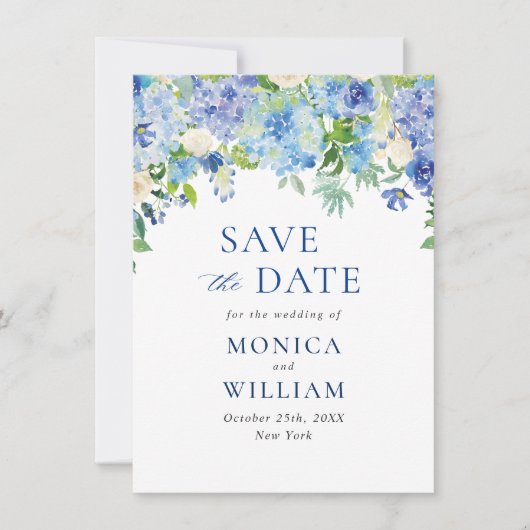 Save The Date Élégant Mariage floral Blue Hydrangea (Devant)