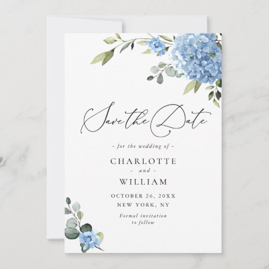 Save The Date Élégant Mariage floral Blue Hydrangea (Devant)