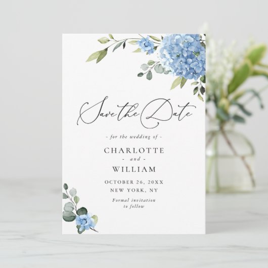 Save The Date Élégant Mariage floral Blue Hydrangea (Debout devant)