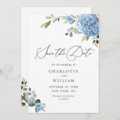 Save The Date Élégant Mariage floral Blue Hydrangea (Devant / Derrière)