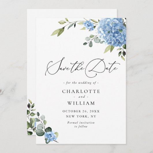 Save The Date Élégant Mariage floral Blue Hydrangea (Devant / Derrière)