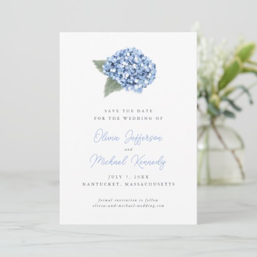 Save The Date Élégant Mariage floral Blue Hydrangea (Debout devant)
