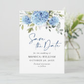 Save The Date Élégant Mariage floral Blue Hydrangea (Debout devant)