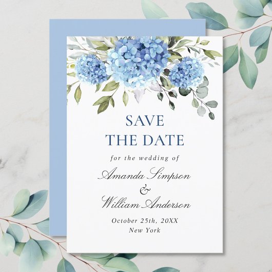 Save The Date Élégant Mariage floral Blue Hydrangea