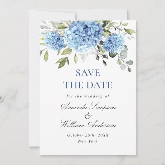 Save The Date Élégant Mariage floral Blue Hydrangea (Devant)