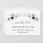 Save The Date Élégant mariage floral burgundy feuilles aériennes (Devant)