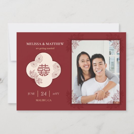 Save The Date Élégant Mariage floral chinois Photo Enregistrer l (Devant)
