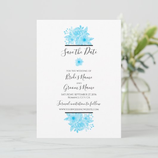 Save The Date Elégant Mariage floral couleur bleu (Debout devant)