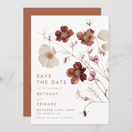Save The Date Élégant Mariage floral d'automne (Devant / Derrière)