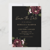 Save The Date Élégant Mariage floral de Bourgogne noire (Devant)