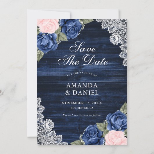 Save The Date Elégant Mariage floral de dentelle bleu bleu marin (Devant)